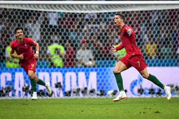 Cristiano Ronaldo Portugalia Cieszy Się Strzeleniu Swoją Trzecią Bramkę Rzutu — Zdjęcie stockowe