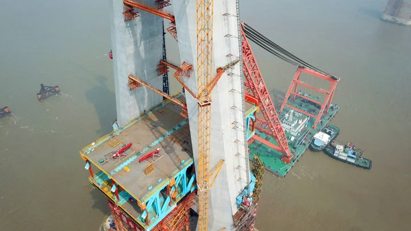 Flygfoto Över Byggplatsen För Huvudpiren Världens Längsta Snedkabelbro Hutong Shanghai — Stockfoto
