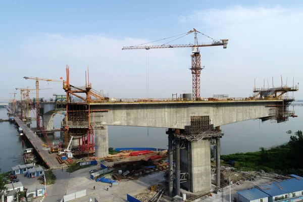Vue Aérienne Site Construction Pont Rivière Cuijiaying Hanjiang Sur Chemin — Photo
