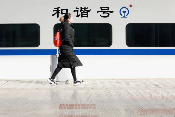 Een Chinese Passagier Trekt Haar Bagage Halen Haar Trein Bij — Stockfoto