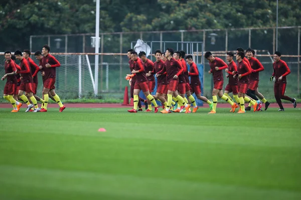 Игроки Сборной Китая Футболу Принимают Участие Тренировке Перед Международным Футбольным — стоковое фото