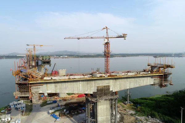 Aerial View Construction Site Cuijiaying Hanjiang River Bridge Wuhan Shiyan — Stock Photo, Image