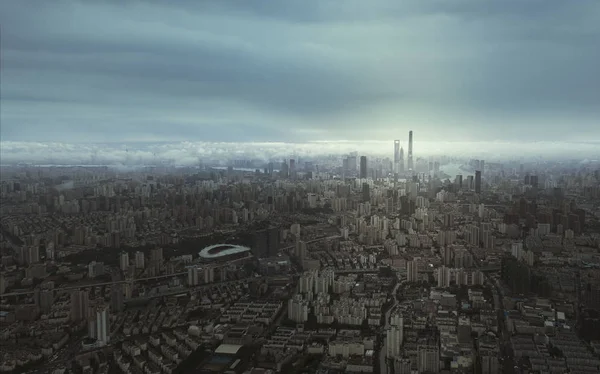 浦西と浦東の街並み 中国の厚い雲の下で高層ビルのクラスター 高層オフィスや住宅のアパートの建物 バック 月2018 — ストック写真