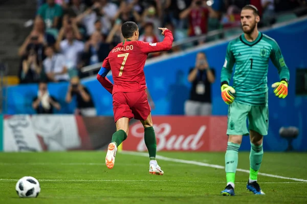 Cristiano Ronaldo Portugalia Cieszy Się Strzeleniu Gola Przeciwko Hiszpanii Przez — Zdjęcie stockowe