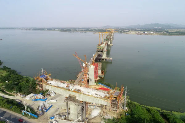 Vista Aérea Del Sitio Construcción Del Puente Del Río Cuijiaying — Foto de Stock