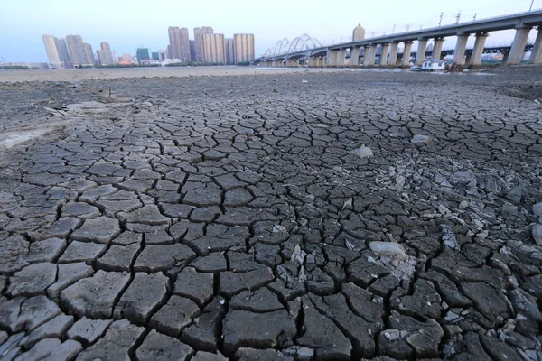 中国松花江の 2018 日中国北東部の黒龍江省ハルビン市の松花江ハルビン セクションでひびの入った河床のビュー — ストック写真
