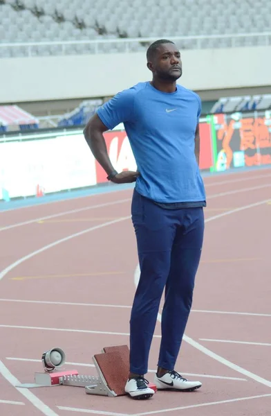 Sprinter Americano Justin Gatlin Participa Uma Sessão Treinamento Para Iaaf — Fotografia de Stock