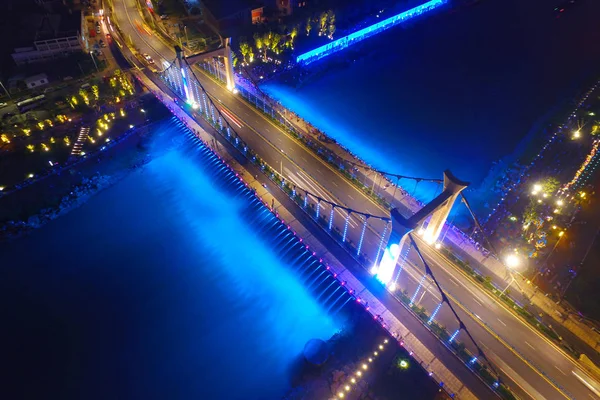 Luchtfoto Van Xiaolongwan Brug Verlicht Door Kleurrijke Lichten Jiangning District — Stockfoto