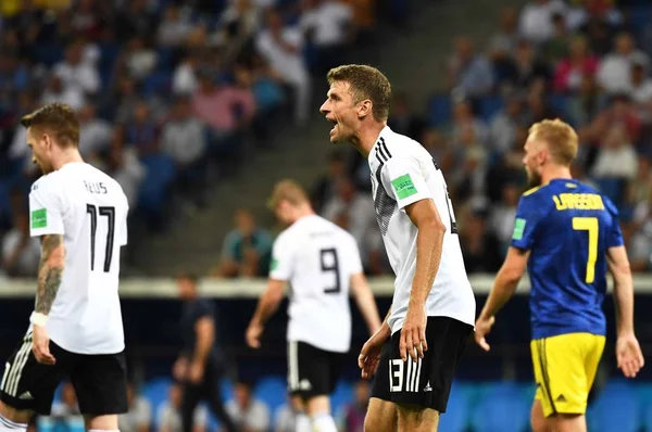 Thomas Mueller Frente Alemanha Comemora Após Marcar Gol Contra Suécia — Fotografia de Stock