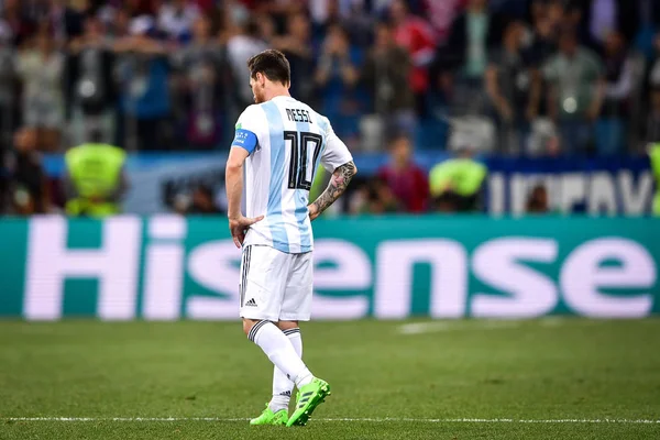 Lionel Messi Argentinië Reageert Nadat Luka Modric Van Kroatië Een — Stockfoto