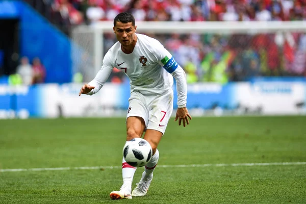 Cristiano Ronaldo Portugal Patea Pelota Para Disparar Contra Marruecos Partido —  Fotos de Stock