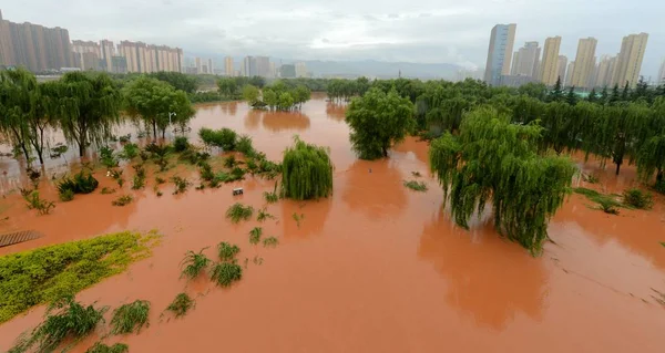 Luftaufnahme Eines Parks Der Nach Sintflutartigen Regenfällen Ganzhou Provinz Gansu — Stockfoto