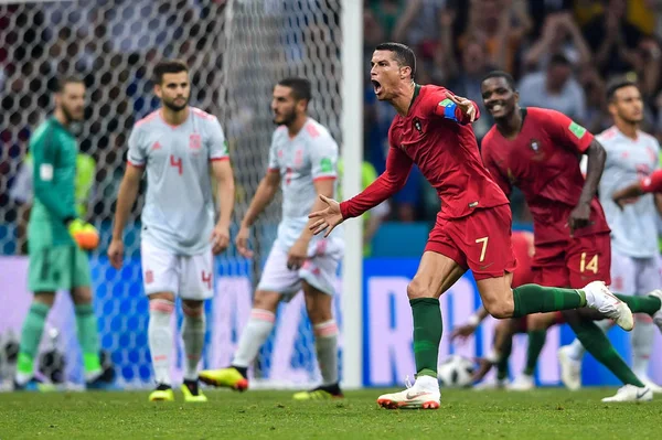 Cristiano Ronaldo Portugal Comemora Após Marcar Gol Contra Espanha Por — Fotografia de Stock