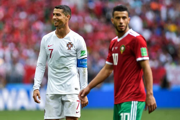 Cristiano Ronaldo Portugal Izquierda Reacciona Partido Del Grupo Contra Marruecos — Foto de Stock