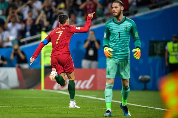 Cristiano Ronaldo Portugál Ünnepli Miután Gólt Spanyolország Által Egy Büntetőt — Stock Fotó