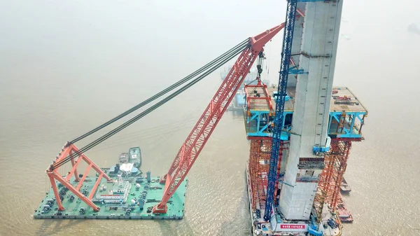 Vista Aérea Local Construção Píer Principal Ponte Mais Longa Mundo — Fotografia de Stock