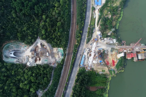 Flygfoto Över Byggplatsen För Cuijiaying Hanjiang River Bridge Wuhan Shiyan — Stockfoto