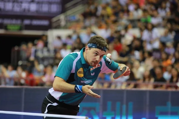 Timo Boll Niemiec Serwuje Przeciw Liang Jingkun Chiny Ich Mężczyzn — Zdjęcie stockowe