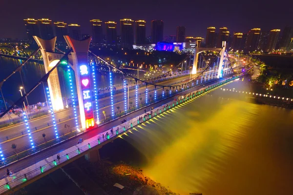 Αεροφωτογραφία Της Γέφυρας Xiaolongwan Φωτίζεται Πολύχρωμα Φώτα Στην Περιοχή Jiangning — Φωτογραφία Αρχείου