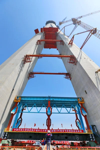 Utsikt Över Byggplatsen För Main Pier Världens Längsta Kabel Stannade — Stockfoto