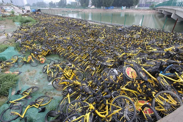 Bicicletas Rotas Desechadas Del Servicio Chino Bicicletas Compartidas Ofo Amontonan —  Fotos de Stock