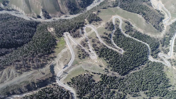 Vista Aérea Sinuoso Camino Montaña Con Curvas Alrededor Del Tian —  Fotos de Stock