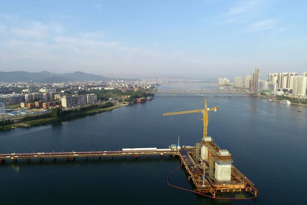 Vista Aérea Del Sitio Construcción Del Puente Colgante Panggong Ciudad —  Fotos de Stock