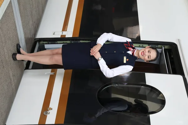 Chinese Train Attendant Poses Front Fuxing High Speed Bullet Train — Stock Photo, Image