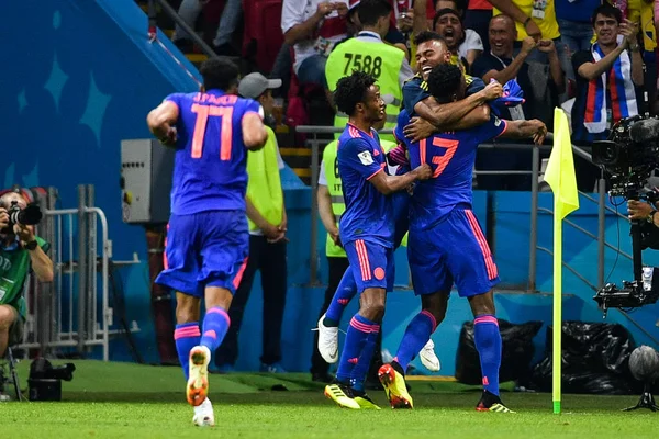 Jogadores Colômbia Comemoram Depois Que Yerry Mina Marcou Gol Contra — Fotografia de Stock