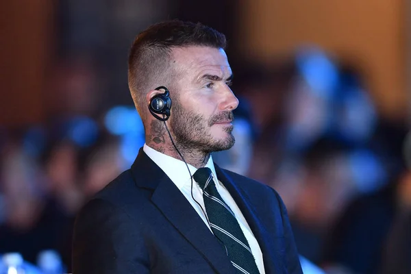 Gwiazda Angielski Piłkarz David Beckham Uczęszcza Forum Podczas 2018 Expo — Zdjęcie stockowe