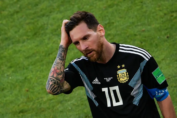 Lionel Messi Argentyny Reaguje Brakuje Rzut Karny Przeciwko Islandii Meczu — Zdjęcie stockowe