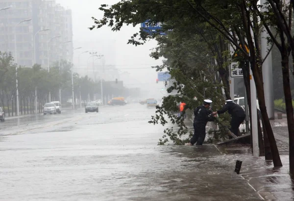 Αστυνομικοί Καθαρίστε Κλαδιά Δέντρων Σπασμένα Από Έντονο Άνεμο Που Προκλήθηκε — Φωτογραφία Αρχείου