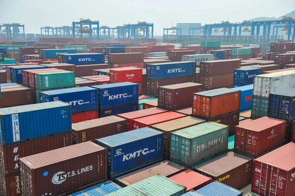 Aerial View Containers Stacked Fully Automated Container Terminal Port Qingdao — 图库照片