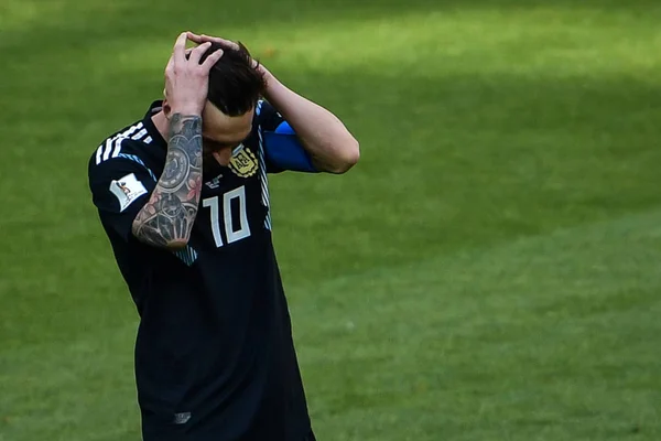 Lionel Messi Argentin Reagál Miután Egy Tizenegyest Izland Ellen Csoport — Stock Fotó