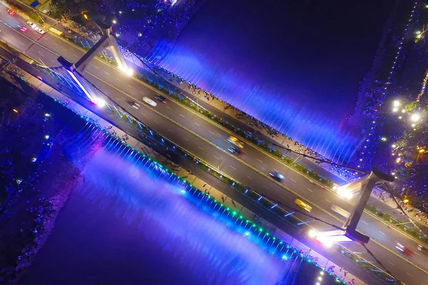 Vista Aérea Del Puente Xiaolongwan Iluminado Por Luces Colores Distrito —  Fotos de Stock