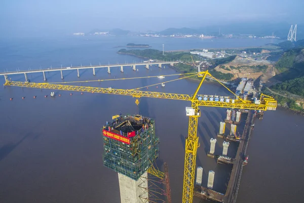 Vue Aérienne Pont Zhoushan Fuchimen Construction Dans Ville Zhoushan Province — Photo