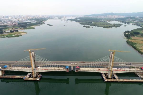 Vue Aérienne Pont Hanjiang Chemin Fer Menghua Projet Transport Charbon — Photo