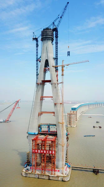 Vista Aérea Del Sitio Construcción Del Muelle Principal Del Puente — Foto de Stock