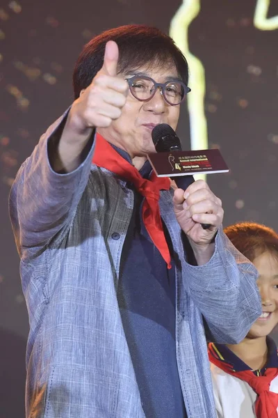 Jackie Chan Estrella Del Kongfu Hong Kong Asiste Una Conferencia — Foto de Stock
