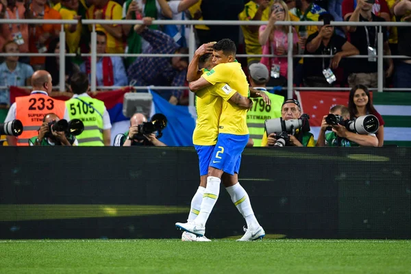 Thiago Silva Derecha Brasil Celebra Con Neymar Después Anotar Gol — Foto de Stock