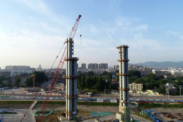 Pemandangan Udara Dari Lokasi Konstruksi Jembatan Gantung Panggong Kota Xiangyang — Stok Foto