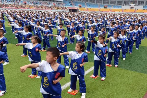 Bambini Cinesi Eseguono Kungfu Con Maestro Nel Tentativo Stabilire Nuovo — Foto Stock