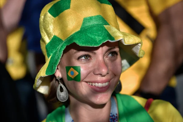 Fan Shows Brazilian National Flag Painted Face Spartak Stadium Group — Stock Photo, Image