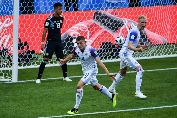 Alfred Finnbogason Islândia Frente Comemora Depois Marcar Gol Contra Argentina — Fotografia de Stock