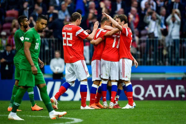 stock image Aleksandr Golovin of Russia celebrates with his teammates after scoring a goal against Saudi Arabia in their Group A match during the 2018 FIFA World Cup in Moscow, Russia, 14 June 2018