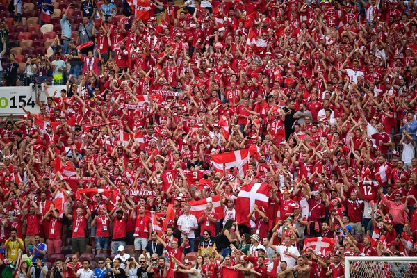 Danish Fans Wave Flags Show Support Denmark Group Match France — Stock Photo, Image