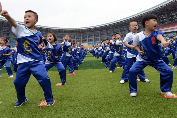Chinese Children Perform Kungfu Master Attempt Set New Guinness World — стоковое фото