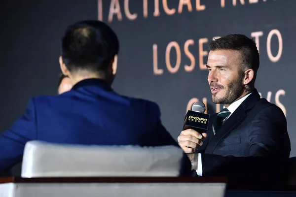 Engels Voetbalster David Beckham Woont Een Forum Tijdens 2018 Expo — Stockfoto