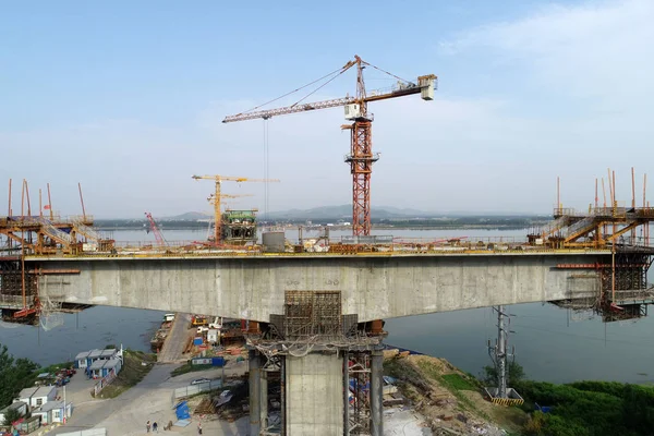 Flygfoto Över Byggplatsen För Cuijiaying Hanjiang River Bridge Wuhan Shiyan — Stockfoto