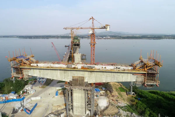 Vista Aérea Del Sitio Construcción Del Puente Del Río Cuijiaying — Foto de Stock
